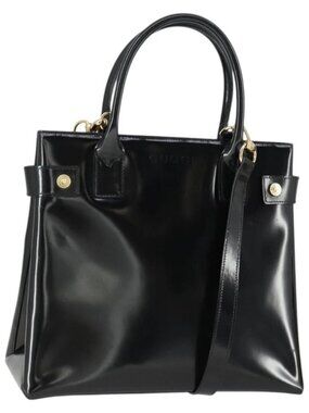 GUCCI Hand Bag Patent leather 2way Black Gold 000 1118 0503 Auth hk3363